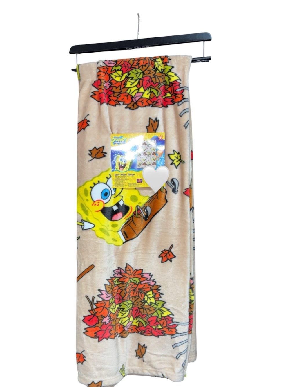 SpongeBob Squarepants Beige Plush Throw Blanket with Colorful Leaf Print